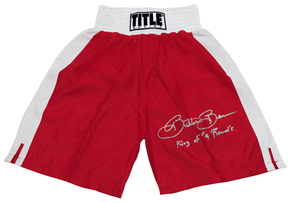 Eric 'Butterbean' Esch Signed Title Red & White Trim Boxing Trunks w/King of 4 Rounds - ESCTRU501 - Eric 'Butterbean' Esch Signed Title Red & White Trim Boxing Trunks w/King of 4 Rounds product image