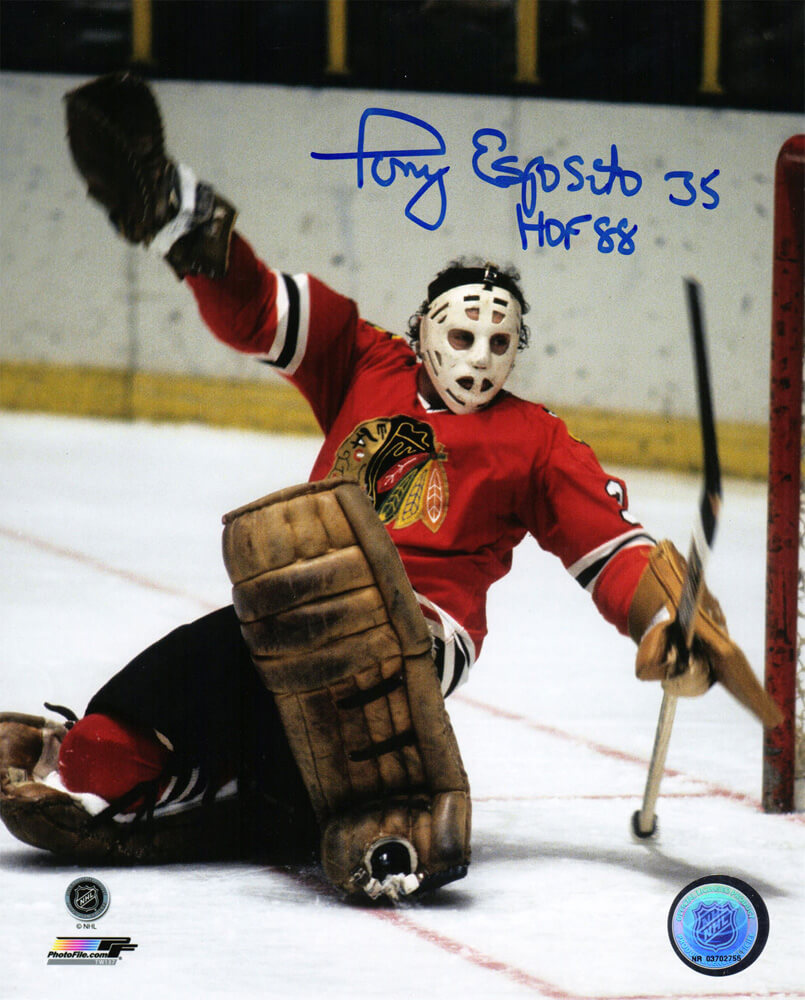 Tony Esposito Signed Chicago Blackhawks Goalie Puck Save Action 8x10 Photo w/HOF'88 - ESP08P406 - Tony Esposito Signed Chicago Blackhawks Goalie Puck Save Action 8x10 Photo w/HOF'88 product image