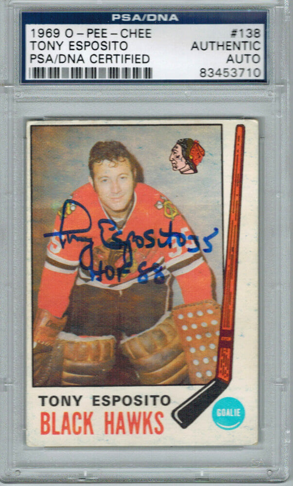 Tony Esposito Signed Blackhawks 1969 O-Pee-Chee Premier Rookie Card #138 w/HOF 88 - PSA/DNA - ESPCAR400 - Tony Esposito Signed Blackhawks 1969 O-Pee-Chee Premier Rookie Card #138 w/HOF 88 - PSA/DNA product image