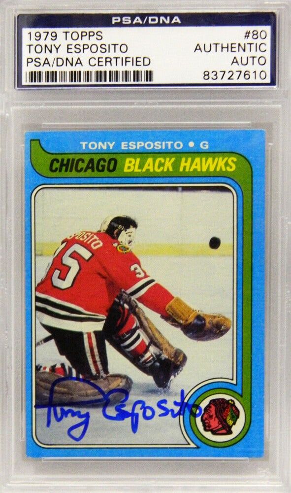 Tony Esposito Signed Chicago Blackhawks 1979 Topps Hockey Card #80 - PSA/DNA - ESPCAR403 - Tony Esposito Signed Chicago Blackhawks 1979 Topps Hockey Card #80 - PSA/DNA product image