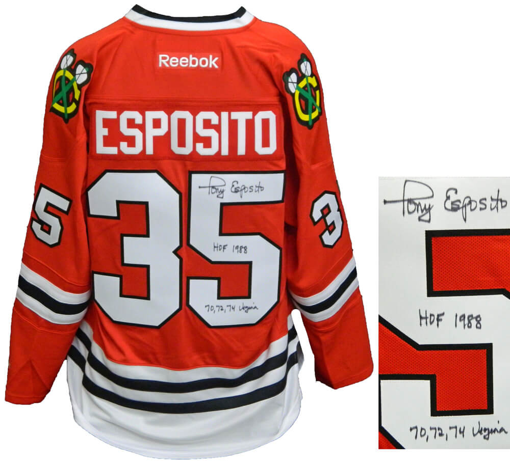 Tony Esposito Signed Chicago Blackhawks Red Reebok Premier Hockey Jersey w/HOF 1988 & 70, 72, 74 Vezina - ESPJRY405 - Tony Esposito Signed Chicago Blackhawks Red Reebok Premier Hockey Jersey w/HOF 1988 & 70, 72, 74 Vezina product image