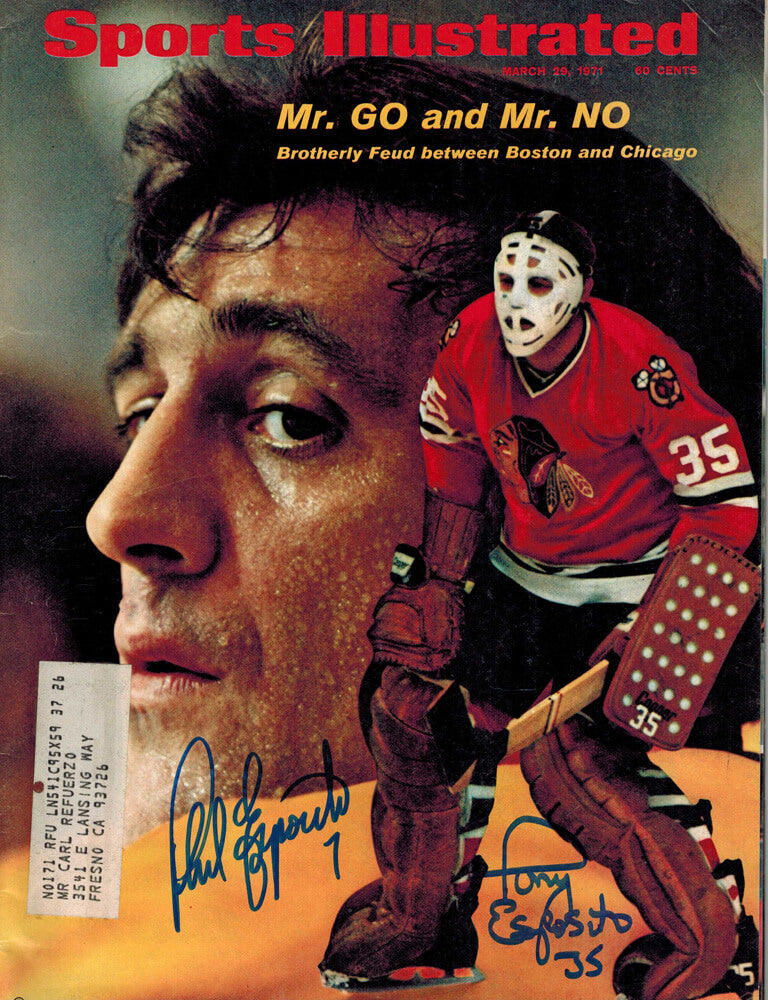 Tony Esposito & Phil Esposito Signed Blackhawks - Bruins 3/29/71 Sports Illustrated Magazine - ESPMAG403 - Tony Esposito & Phil Esposito Signed Blackhawks - Bruins 3/29/71 Sports Illustrated Magazine product image