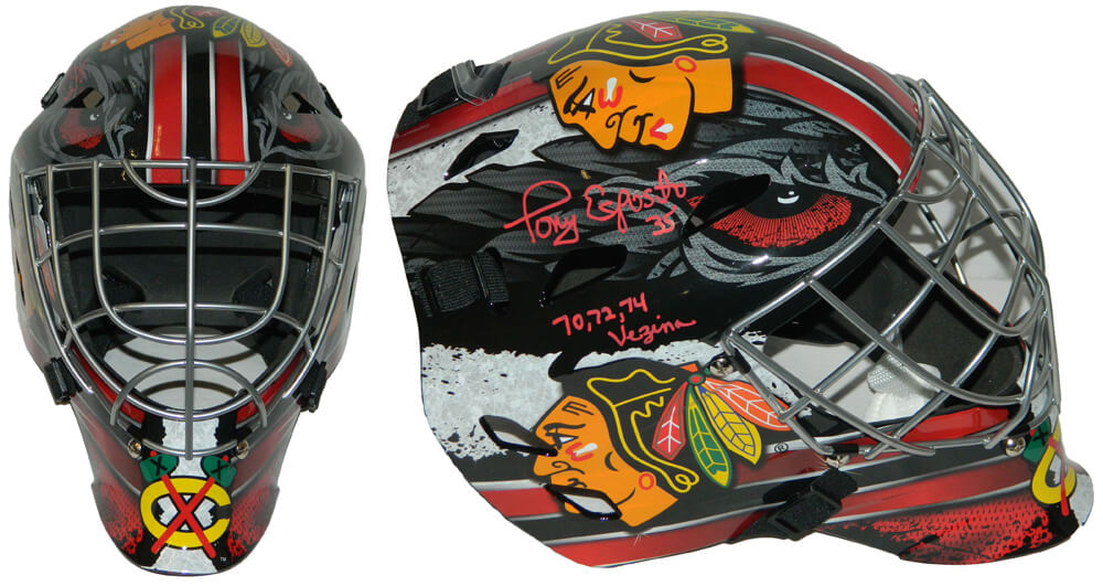 Tony Esposito Signed Chicago Blackhawks Franklin Replica Hockey Goalie Mask w/70,72,74 Vezina - ESPMAS407 - Tony Esposito Signed Chicago Blackhawks Franklin Replica Hockey Goalie Mask w/70,72,74 Vezina product image