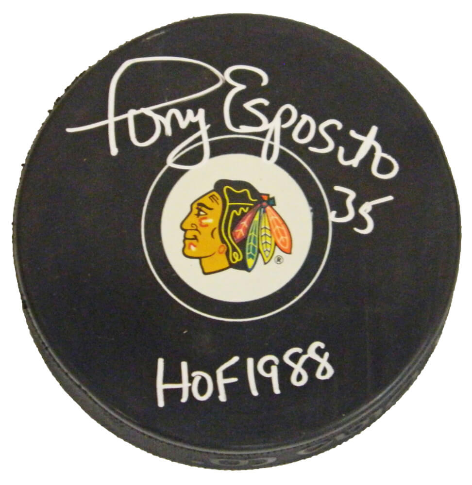 Tony Esposito Signed Blackhawks Logo Hockey Puck w/HOF 1988 - ESPPUC403 - Tony Esposito Signed Blackhawks Logo Hockey Puck w/HOF 1988 product image