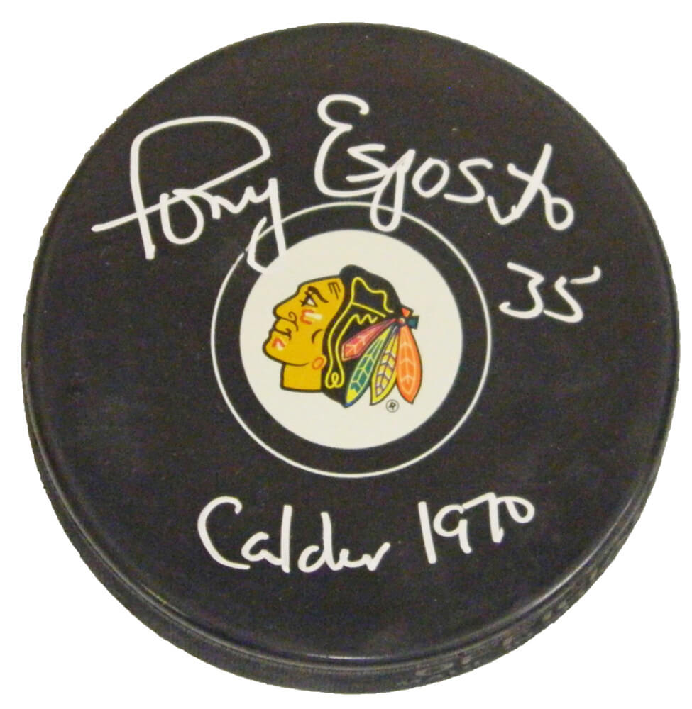 Tony Esposito Signed Blackhawks Logo Hockey Puck w/Calder 1970 - ESPPUC404 - Tony Esposito Signed Blackhawks Logo Hockey Puck w/Calder 1970 product image