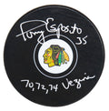 Tony Esposito Signed Blackhawks Logo Hockey Puck w/70, 72, 74 Vezina - ESPPUC405 - Tony Esposito Signed Blackhawks Logo Hockey Puck w/70, 72, 74 Vezina product image