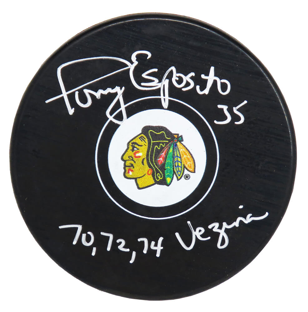 Tony Esposito Signed Blackhawks Logo Hockey Puck w/70, 72, 74 Vezina - ESPPUC405 - Tony Esposito Signed Blackhawks Logo Hockey Puck w/70, 72, 74 Vezina product image