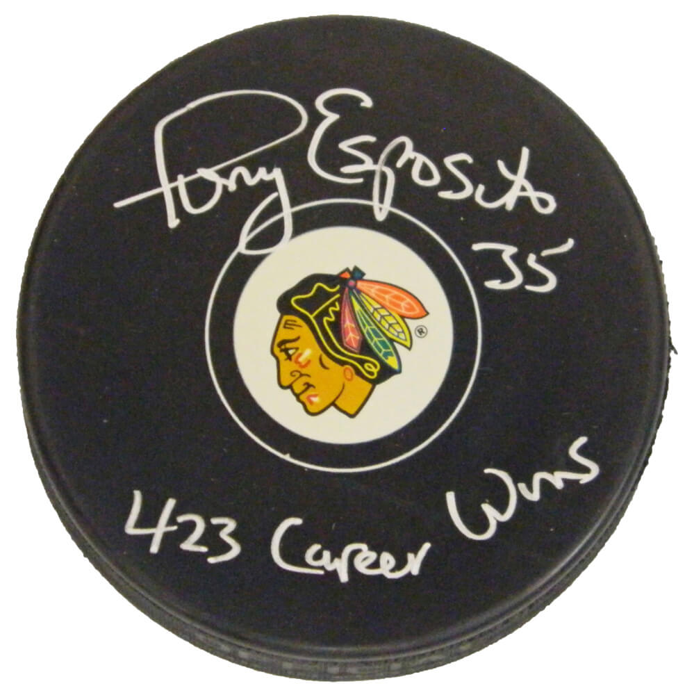 Tony Esposito Signed Blackhawks Logo Hockey Puck w/423 Career Wins - ESPPUC406 - Tony Esposito Signed Blackhawks Logo Hockey Puck w/423 Career Wins product image