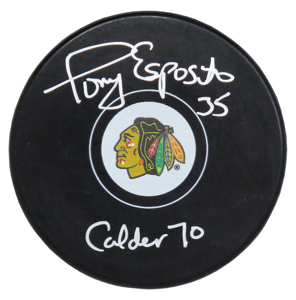 Tony Esposito Signed Chicago Blackhawks Logo Hockey Puck w/70 Calder - ESPPUC408 - Tony Esposito Signed Chicago Blackhawks Logo Hockey Puck w/70 Calder product image