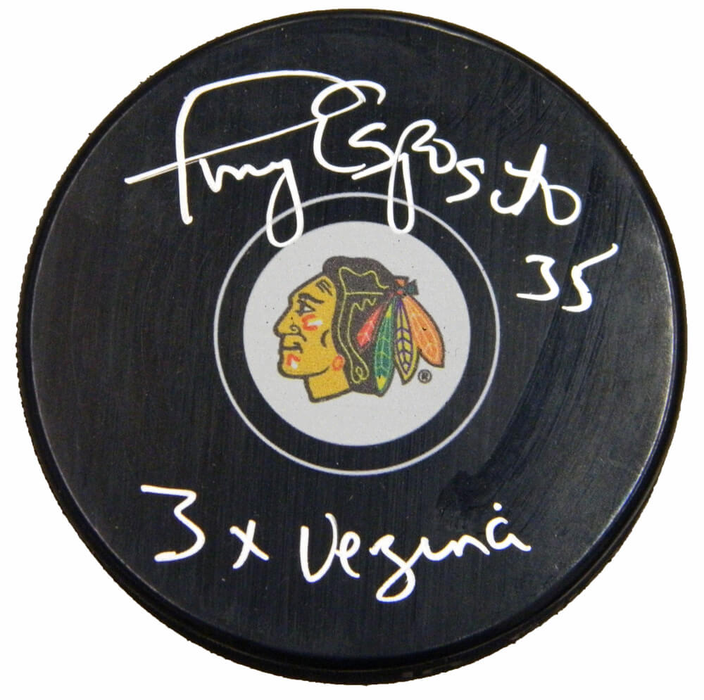 Tony Esposito Signed Chicago Blackhawks Logo Hockey Puck w/3x Vezina - ESPPUC409 - Tony Esposito Signed Chicago Blackhawks Logo Hockey Puck w/3x Vezina product image