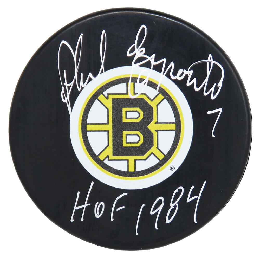Phil Esposito Signed Bruins Logo Hockey Puck w/HOF 1984 - ESPPUC421 - Phil Esposito Signed Bruins Logo Hockey Puck w/HOF 1984 product image