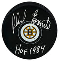 Phil Esposito Signed Boston Bruins Team Logo Hockey Puck w/HOF 1984 - ESPPUC423 - Phil Esposito Signed Boston Bruins Team Logo Hockey Puck w/HOF 1984 product image