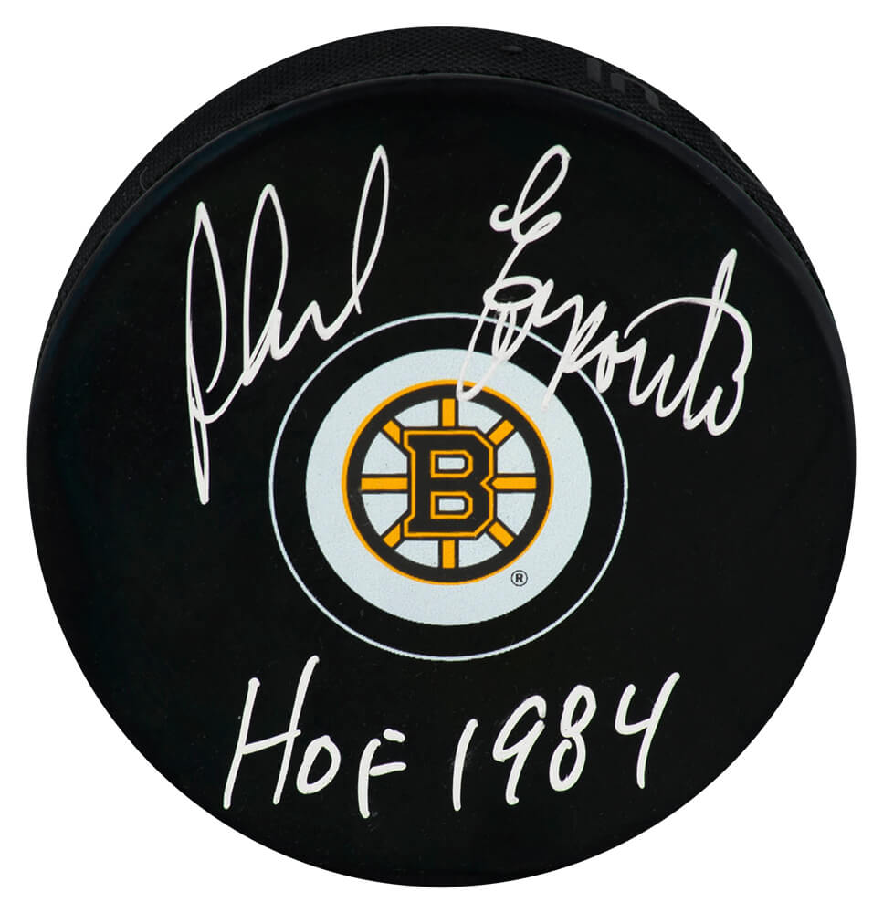Phil Esposito Signed Boston Bruins Team Logo Hockey Puck w/HOF 1984 - ESPPUC423 - Phil Esposito Signed Boston Bruins Team Logo Hockey Puck w/HOF 1984 product image
