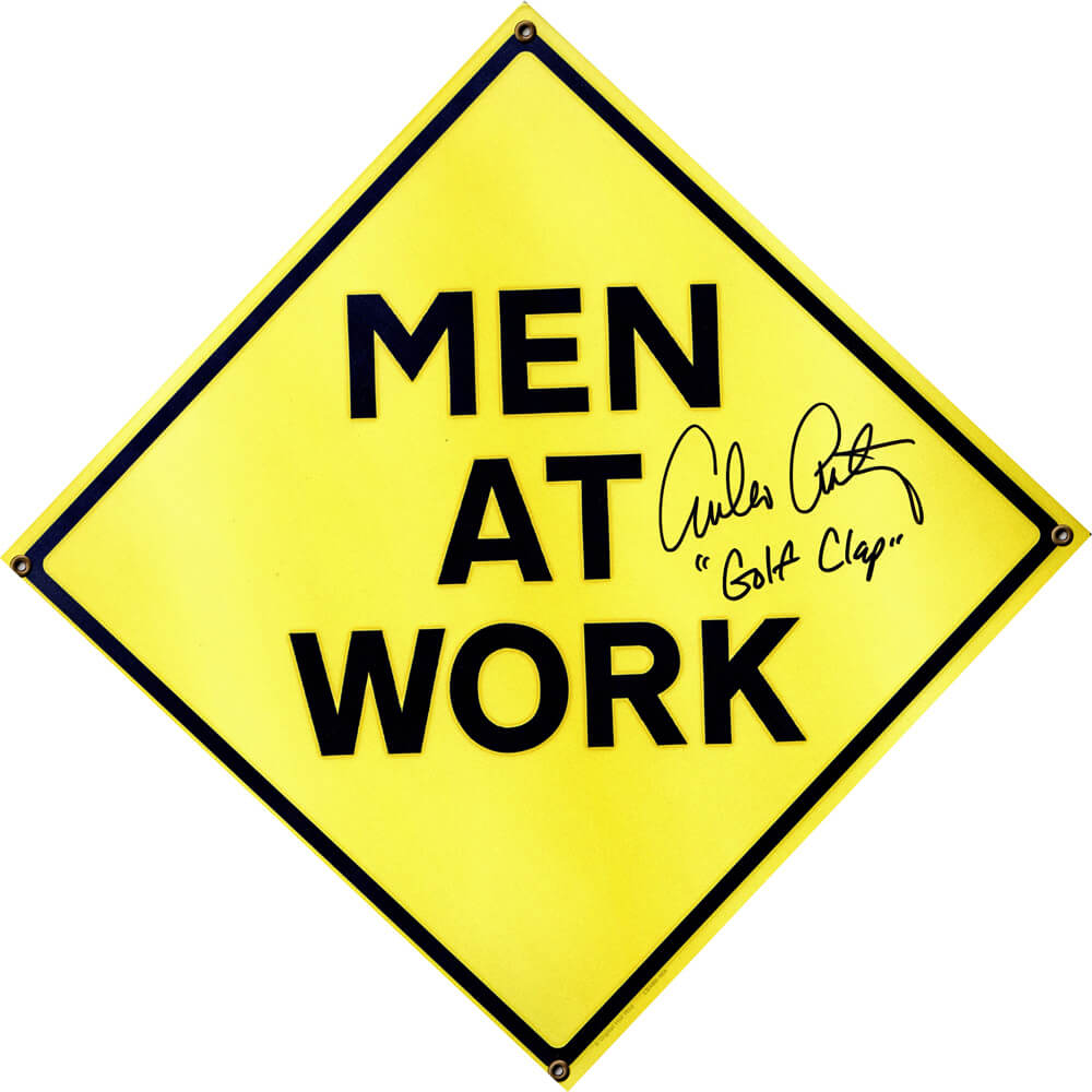 Emilio Estevez Signed Men At Work Yellow 12x12 Sign w/Golf Clap - ESTOTH500 - Emilio Estevez Signed Men At Work Yellow 12x12 Sign w/Golf Clap product image
