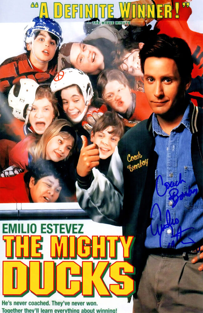 Emilio Estevez Signed The Mighty Ducks 11x17 Movie Poster w/Coach Bombay - ESTPST504 - Emilio Estevez Signed The Mighty Ducks 11x17 Movie Poster w/Coach Bombay product image