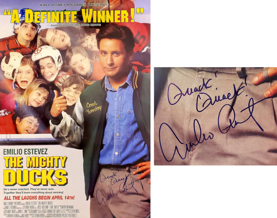 Emilio Estevez Signed The Mighty Ducks 27x40 Full Size Movie Poster w/Quack, Quack - ESTPST516 - Emilio Estevez Signed The Mighty Ducks 27x40 Full Size Movie Poster w/Quack, Quack product image