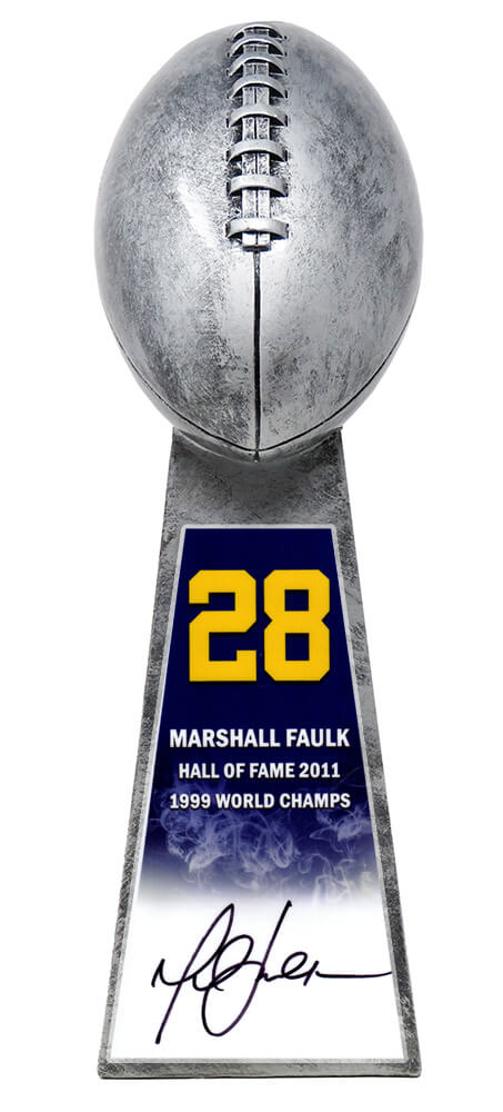 Marshall Faulk Signed Football World Champion 15 Inch Replica Silver Trophy - FAUTRO300 - Marshall Faulk Signed Football World Champion 15 Inch Replica Silver Trophy product image