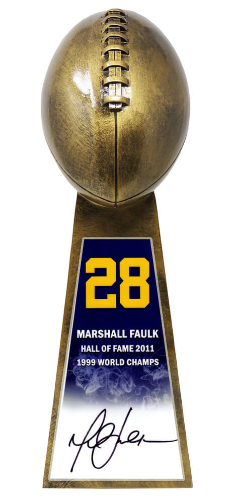 Marshall Faulk Signed Football World Champion 15 Inch Replica Gold Trophy - FAUTRO301 - Marshall Faulk Signed Football World Champion 15 Inch Replica Gold Trophy product image