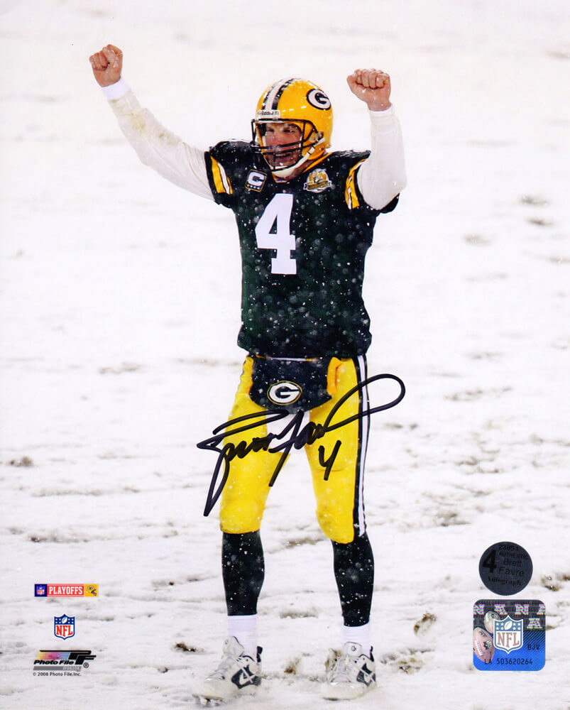 Brett Favre Signed Green Bay Packers Arms Raised Snow Game 8x10 Photo - FAV08P300 - Brett Favre Signed Green Bay Packers Arms Raised Snow Game 8x10 Photo product image