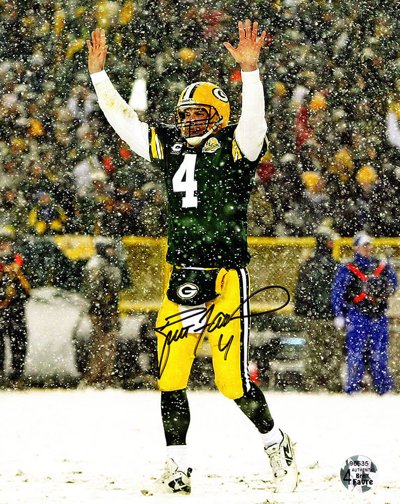 Brett Favre Signed Green Bay Packers Arms Raised In Snow 8x10 Photo - FAV08P306MYS - Brett Favre Signed Green Bay Packers Arms Raised In Snow 8x10 Photo product image