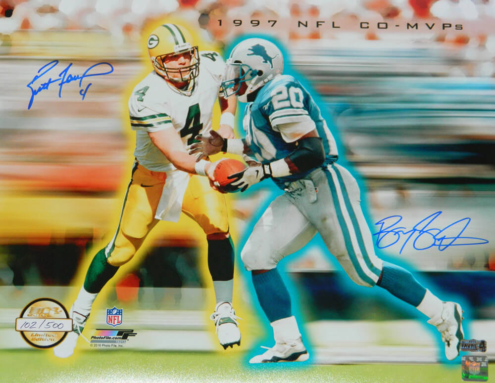 Brett Favre & Barry Sanders Dual Signed Green Bay Packers / Detroit Lions 1997 NFL Co MVPs Hand Off Collage 16x20 Photo - FAV16P321 - Brett Favre & Barry Sanders Dual Signed Green Bay Packers / Detroit Lions 1997 NFL Co MVPs Hand Off Collage 16x20 Photo product image
