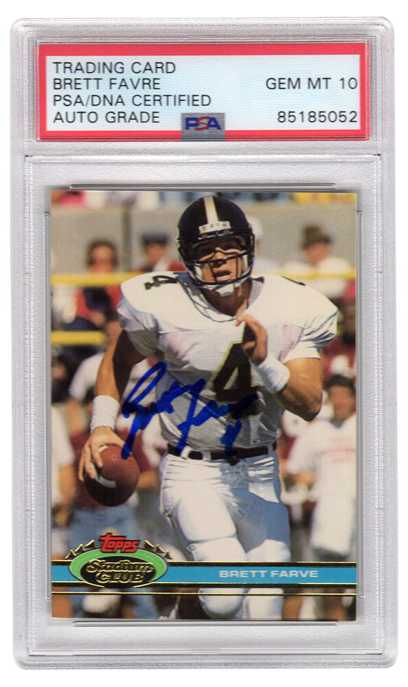 Brett Favre Signed 1991 Topps Stadium Club Rookie Football Card #94 - (PSA Encapsulated / Auto Grade 10) - FAVCAR300 - Brett Favre Signed 1991 Topps Stadium Club Rookie Football Card #94 - (PSA Encapsulated / Auto Grade 10) product image