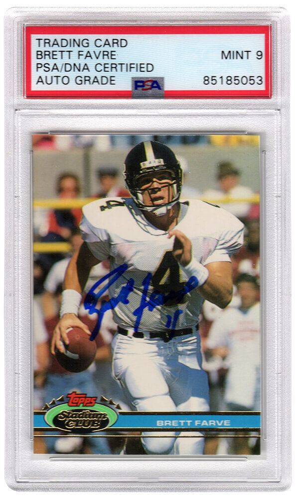 Brett Favre Signed 1991 Topps Stadium Club Rookie Football Card #94 -(PSA Encapsulated / Auto Grade 9) - FAVCAR301 - Brett Favre Signed 1991 Topps Stadium Club Rookie Football Card #94 -(PSA Encapsulated / Auto Grade 9) product image