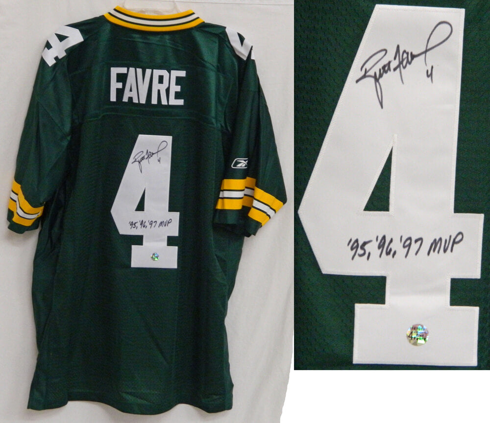 Brett Favre Signed Packers Reebok Premier Green Jersey w/95'96'97 MVP - FAVJRY300 - Brett Favre Signed Packers Reebok Premier Green Jersey w/95'96'97 MVP product image