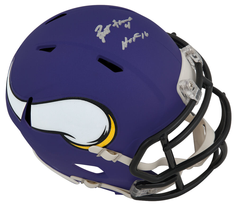 Brett Favre Signed Minnesota Vikings Riddell Speed Mini Helmet w/HOF'16 - (Favre Holo) - FAVMIN315 - Brett Favre Signed Minnesota Vikings Riddell Speed Mini Helmet w/HOF'16 - (Favre Holo) product image