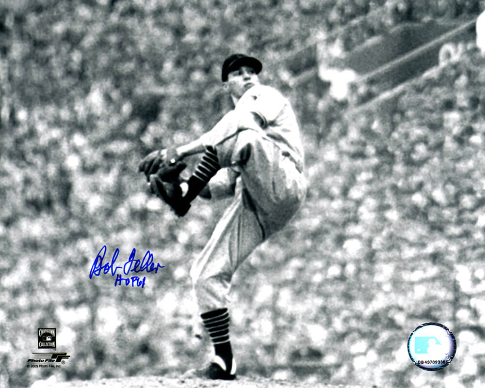 Bob Feller Signed Cleveland Indians B&W Pitching Action 8x10 Photo w/HOF'62 - FEL08P106 - Bob Feller Signed Cleveland Indians B&W Pitching Action 8x10 Photo w/HOF'62 product image