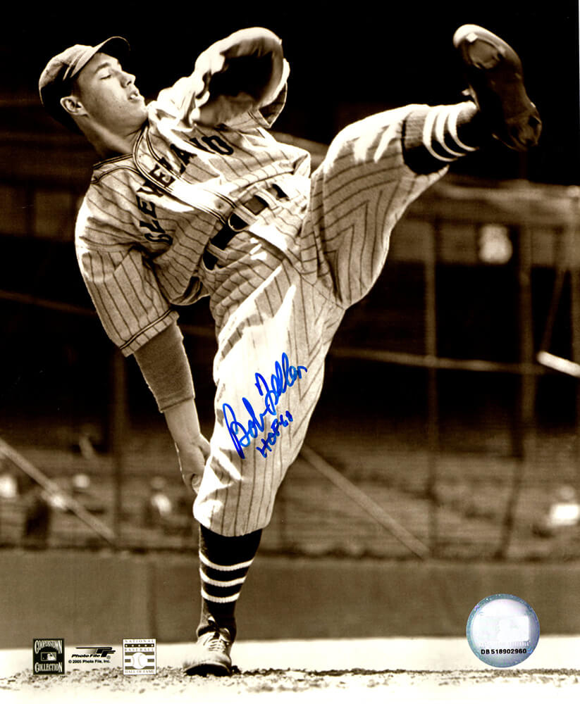 Bob Feller Signed Cleveland Indians B&W Pitching Leg Raised 8x10 Photo w/HOF'62 - FEL08P108 - Bob Feller Signed Cleveland Indians B&W Pitching Leg Raised 8x10 Photo w/HOF'62 product image