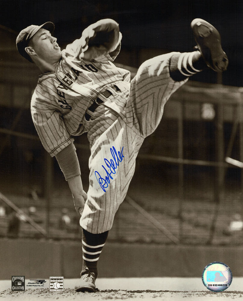 Bob Feller Signed Cleveland Indians B&W Pitching Leg Raised 8x10 Photo - FEL08P111TW - Bob Feller Signed Cleveland Indians B&W Pitching Leg Raised 8x10 Photo product image