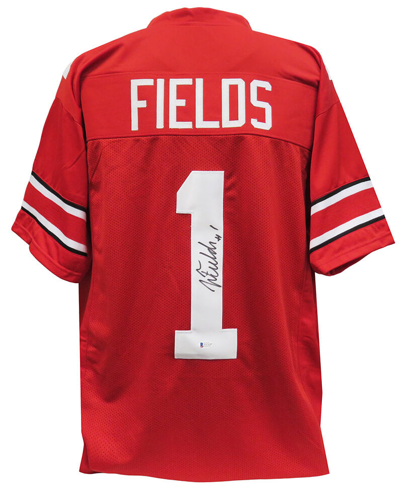 Justin Fields Signed Red Custom College Football Jersey (Beckett) - FIEJRY301 - Justin Fields Signed Red Custom College Football Jersey (Beckett) product image