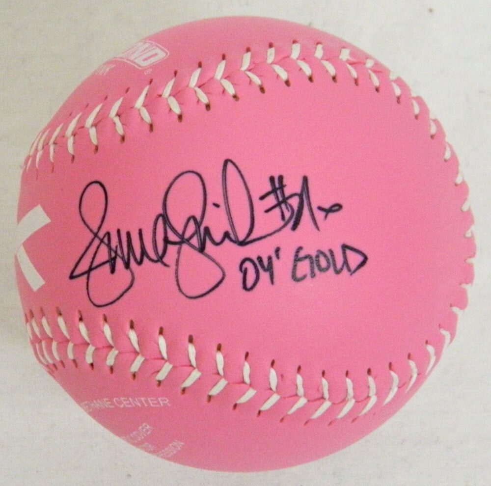 Jennie Finch Signed Pink Breast Cancer Logo Softball w/04 Gold - FINBSB110 - Jennie Finch Signed Pink Breast Cancer Logo Softball w/04 Gold product image