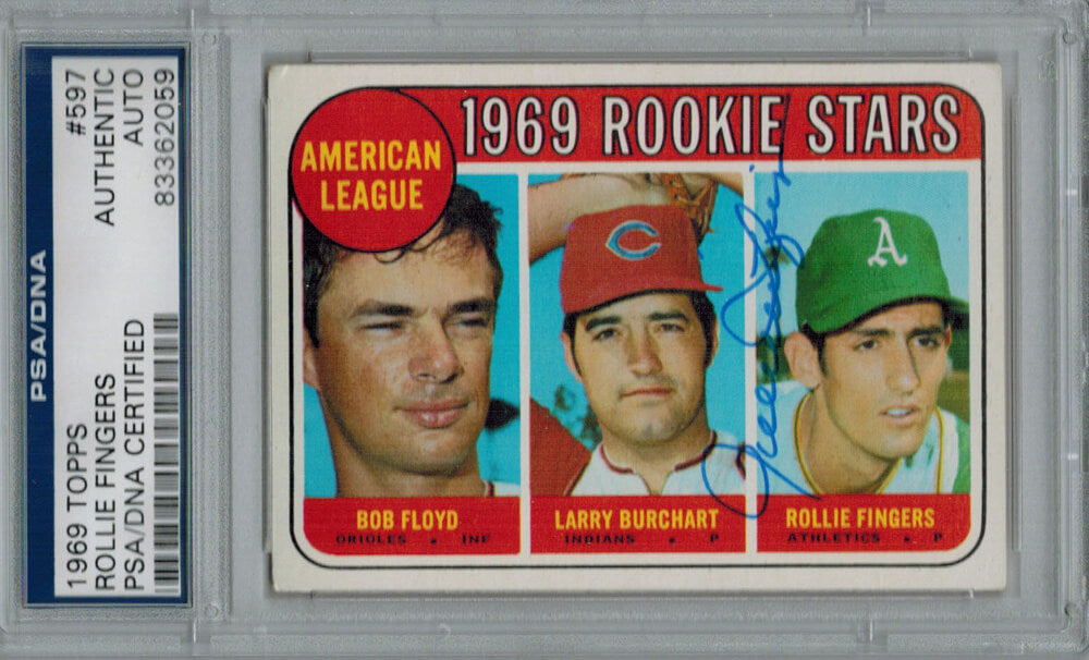 Rollie Fingers Signed Oakland Athletics 1969 Topps Rookie Card #597 PSA/DNA - FINCAR100 - Rollie Fingers Signed Oakland Athletics 1969 Topps Rookie Card #597 PSA/DNA product image