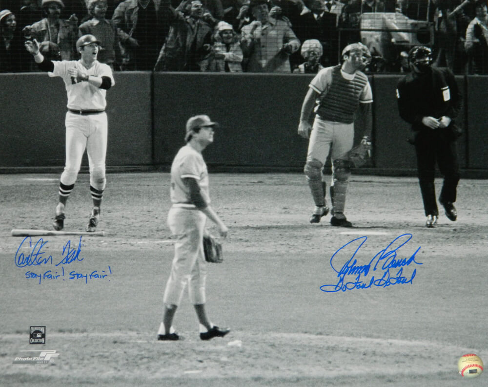 Carlton Fisk & Johnny Bench Signed 1975 WS Game 6 HR 16x20 Photo w/Stay Fair! Stay Fair! Go Foul, Go Foul - FIS16P101 - Carlton Fisk & Johnny Bench Signed 1975 WS Game 6 HR 16x20 Photo w/Stay Fair! Stay Fair! Go Foul, Go Foul product image