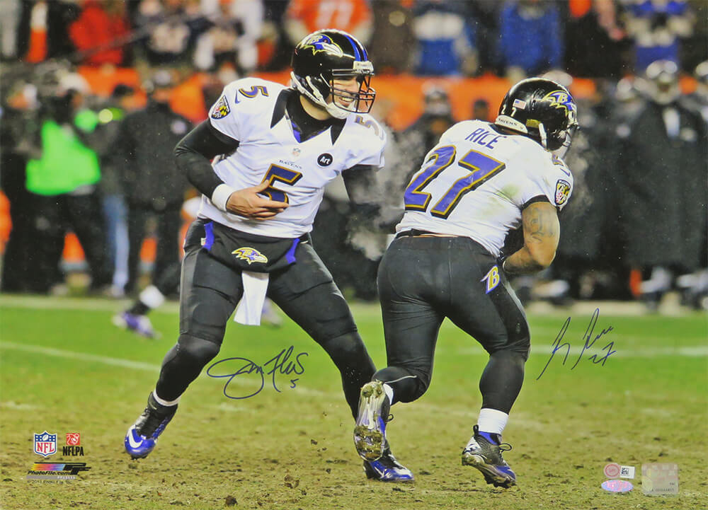 Joe Flacco & Ray Rice Dual Signed Baltimore Ravens Hand Off 16x20 Photo (Steiner) - FLA16P300 - Joe Flacco & Ray Rice Dual Signed Baltimore Ravens Hand Off 16x20 Photo (Steiner) product image