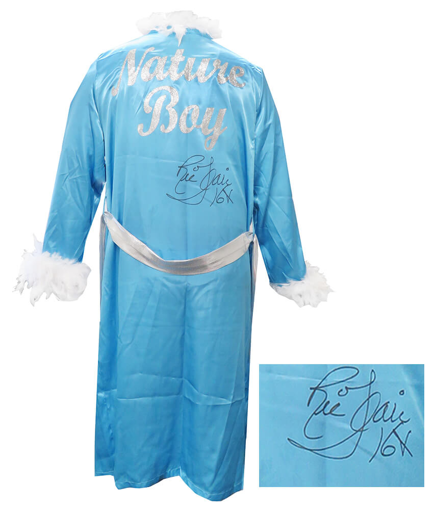 Ric Flair Signed Nature Boy Blue Wrestling Robe w/16x - FLAROB501 - Ric Flair Signed Nature Boy Blue Wrestling Robe w/16x product image