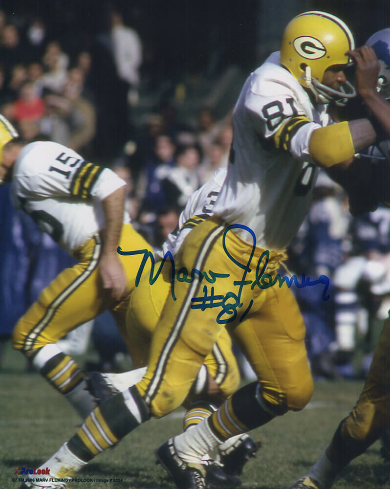 Marv Fleming Signed Green Bay Packers White Jersey Action 8x10 Photo - FLE08P302 - Marv Fleming Signed Green Bay Packers White Jersey Action 8x10 Photo product image