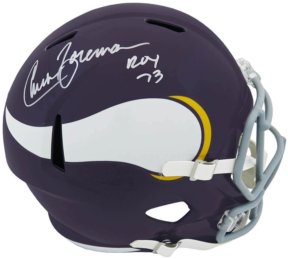 Chuck Foreman Signed Minnesota Vikings Throwback Riddell Full Size Speed Replica Helmet w/ROY'73 - FORREP310 - Chuck Foreman Signed Minnesota Vikings Throwback Riddell Full Size Speed Replica Helmet w/ROY'73 product image