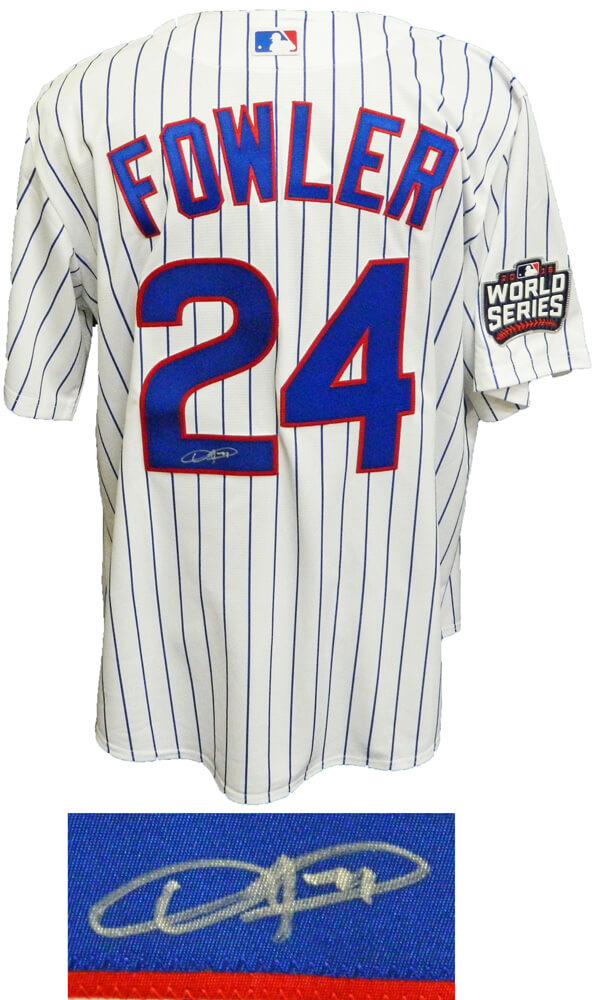 Dexter Fowler Signed Chicago Cubs White Pinstripe 2016 World Series Patch Majestic Replica Jersey - FOWJRY101 - Dexter Fowler Signed Chicago Cubs White Pinstripe 2016 World Series Patch Majestic Replica Jersey product image