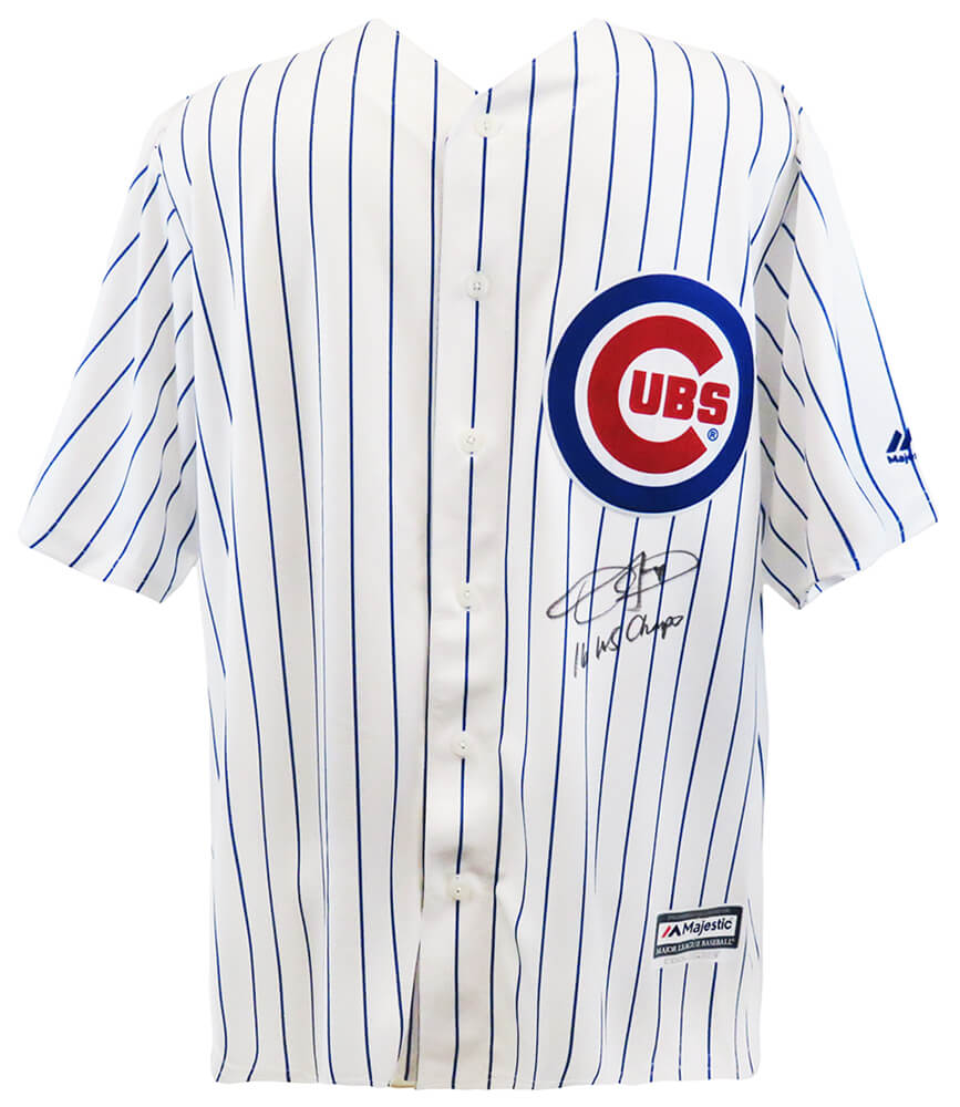 Dexter Fowler Signed Chicago Cubs White Pinstripe Majestic Replica Baseball Jersey w/2016 WS Champs - FOWJRY102 - Dexter Fowler Signed Chicago Cubs White Pinstripe Majestic Replica Baseball Jersey w/2016 WS Champs product image