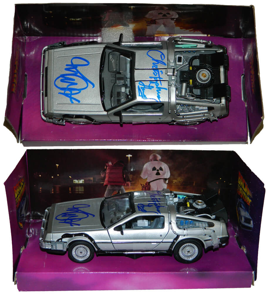 Michael J Fox & Christopher Lloyd Dual Signed Back To The Future 1:24 Scale Die Cast Delorean Time Machine Car - FOXOTH520 - Michael J Fox & Christopher Lloyd Dual Signed Back To The Future 1:24 Scale Die Cast Delorean Time Machine Car product image