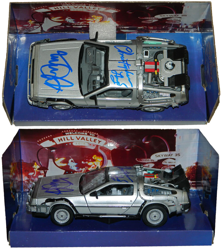Michael J Fox & Christopher Lloyd Dual Signed Back To The Future Part II 1:24 Scale Die Cast Delorean Time Machine Car - FOXOTH521 - Michael J Fox & Christopher Lloyd Dual Signed Back To The Future Part II 1:24 Scale Die Cast Delorean Time Machine Car product image