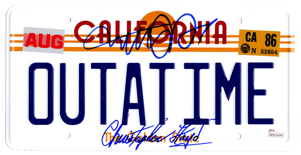 Michael J Fox & Christopher Lloyd Dual Signed Back To The Future California 'OUTATIME' Delorean Replica License Plate - FOXOTH522 - Michael J Fox & Christopher Lloyd Dual Signed Back To The Future California 'OUTATIME' Delorean Replica License Plate product image