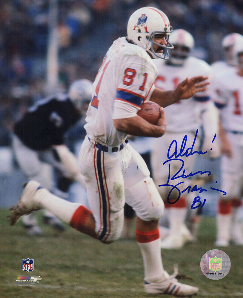 Russ Francis Signed New England Patriots White Jersey Action 8x10 Photo w/Aloha - FRA08P310TW - Russ Francis Signed New England Patriots White Jersey Action 8x10 Photo w/Aloha product image