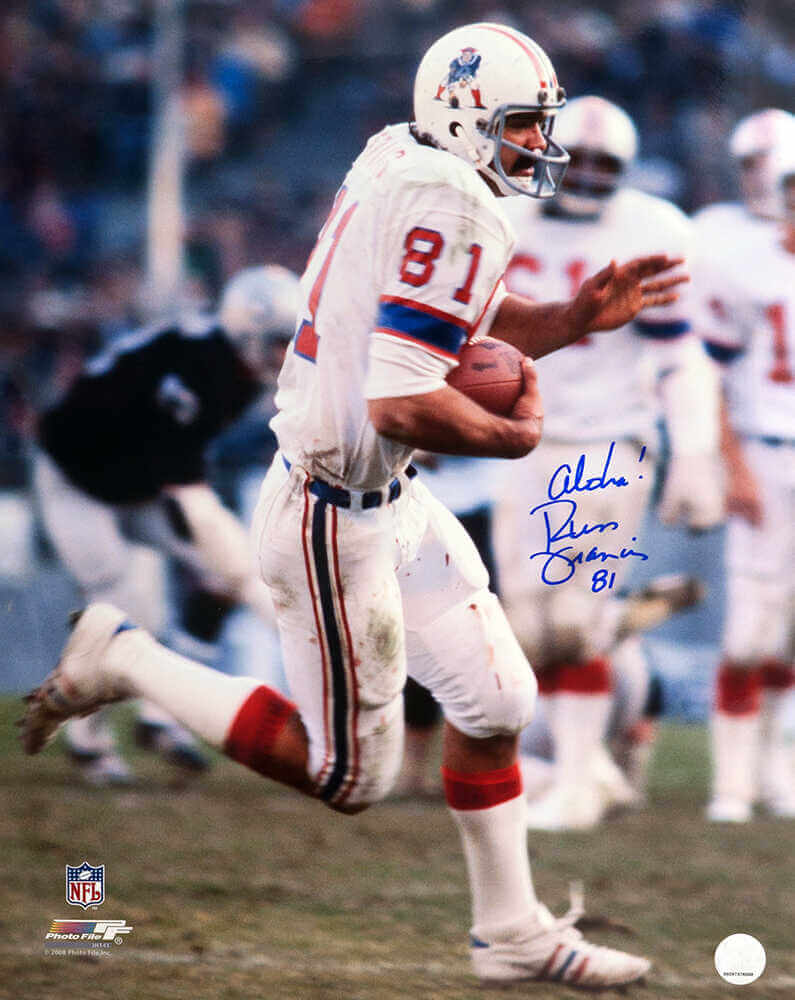 Russ Francis Signed New England Patriots White Jersey Action 16x20 Photo w/Aloha - FRA16P300TW - Russ Francis Signed New England Patriots White Jersey Action 16x20 Photo w/Aloha product image