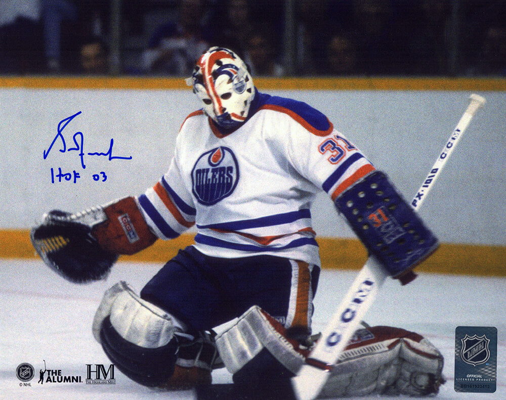 Grant Fuhr Signed Edmonton Oilers White Jersey Goalie Action 8x10 Photo w/HOF'03 - FUH08P404 - Grant Fuhr Signed Edmonton Oilers White Jersey Goalie Action 8x10 Photo w/HOF'03 product image