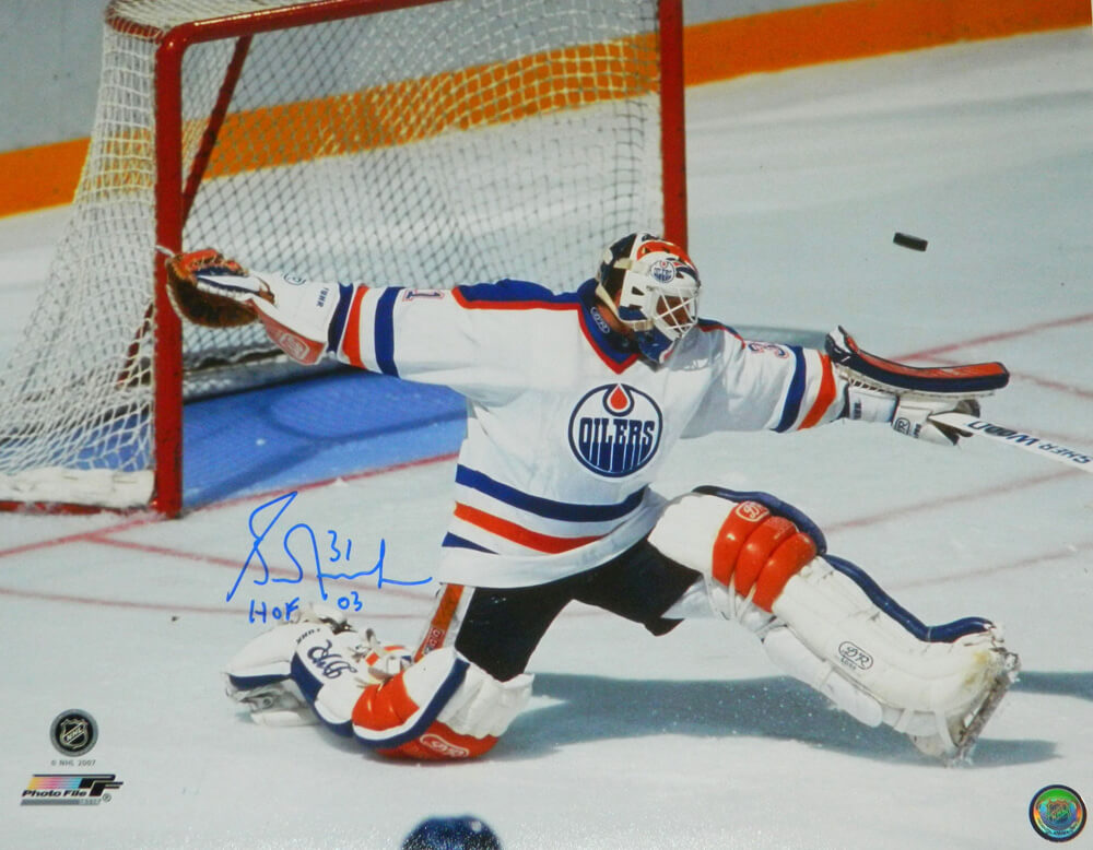 Grant Fuhr Signed Edmonton Oilers Goalie Stretch Save Action 16x20 Photo w/HOF 03 - FUH16P401 - Grant Fuhr Signed Edmonton Oilers Goalie Stretch Save Action 16x20 Photo w/HOF 03 product image