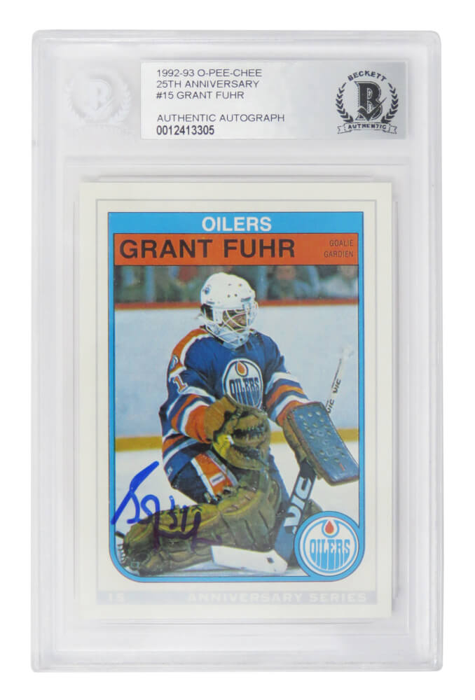 Grant Fuhr Signed Edmonton Oilers 1992-93 O-Pee-Chee Hockey Trading Card #15 - (Beckett Encapsulated) - FUHCAR400 - Grant Fuhr Signed Edmonton Oilers 1992-93 O-Pee-Chee Hockey Trading Card #15 - (Beckett Encapsulated) product image